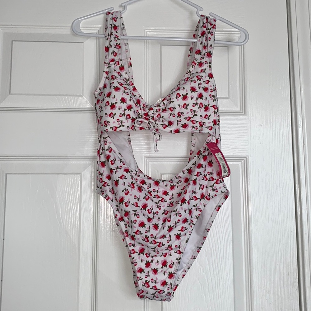 Xhilaration Swim Pink, White, and Green Floral Print Cut Out One Piece Swimsuit